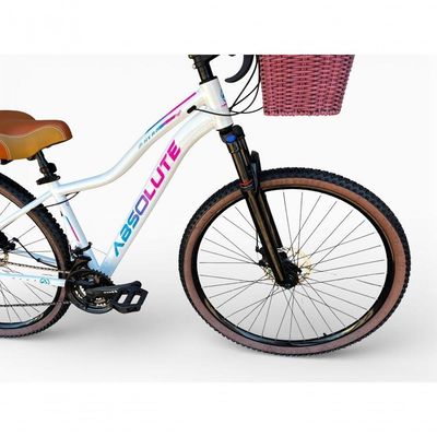 Bicicleta Aro 29 Feminina Absolute Hera Retrô Vintage 21v Hidráulica Confortável Cesta Selim 2 Molas - Branco Tam 15