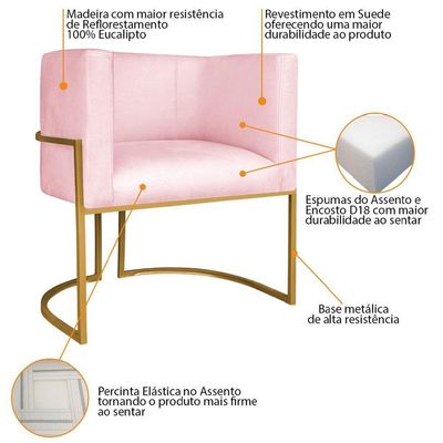 Kit Divã Luna 140cm Lado Esquerdo E 01 Poltrona Base De Ferro Dourado Suede Cor Rosa Bebê