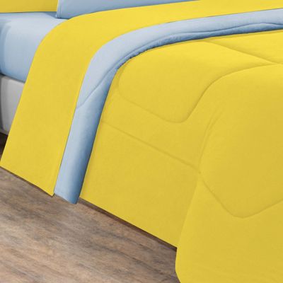 Kit Edredom + Jogo De Lençol Malha 100% Algodão Gran Moratta 7 Peças Queen - Amarelo/Azul Bebê