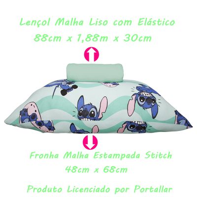 Jogo de Lençol KazzaVip Solteiro Malha 100% Algodão Play Disney Stitch Fit 2 Peças Verde