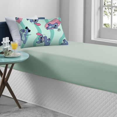 Jogo de Lençol KazzaVip Solteiro Malha 100% Algodão Play Disney Stitch Fit 2 Peças Verde