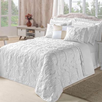 Kit Cobre Leito Colcha Diamante King 5 Peças Bordado Floral Dupla Face 180 Fios - Branco - 100% Poliéster
