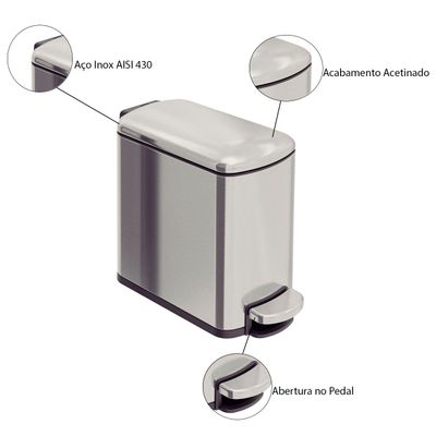 Lixeira Tipo D Slim Aço Inox Acetinado Balde Interno 6 Litros - Tramontina 94538/606