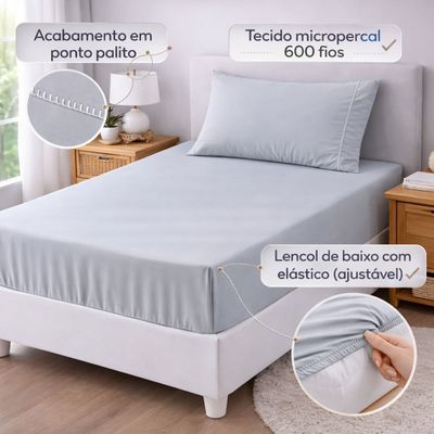 Jogo de Lençol Solteiro Premium Soft 600 Fios Micropercal Cinza Ponto Palito Toque Macio 2 Peças