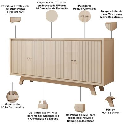 Aparador Buffet Para Sala De Jantar 4 Portas 180cm Junia D05 Off White - Lyam Decor