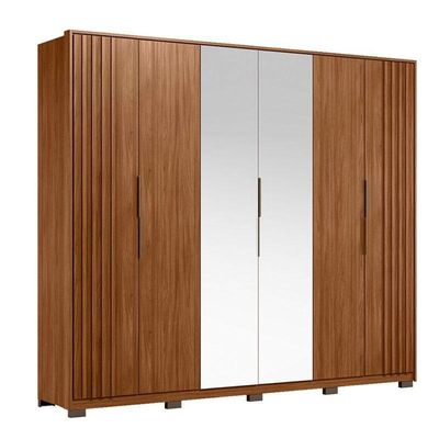Guarda Roupa Casal Ripado Atrice D66410kpe 6 Portas Nogueira Touch Com Espelho E Pés Demóbile - Demartêz
