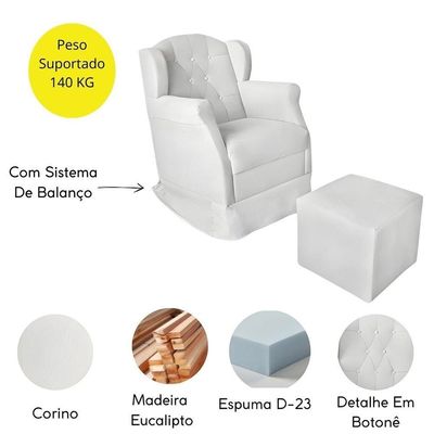 Cadeira Poltrona Amamentação E Puff Descanso Glamour Corino branco