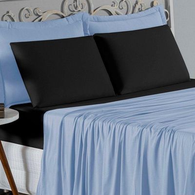 Jogo De Cama King Nobre 4 Peças Lençol Com Elástico De 30cm De Altura Malha 100% Algodão - Azul-bebê / Preto