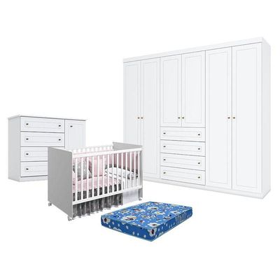 Quarto De Bebê Americano 6 Portas Com Berço Nacional Mel Branco Acetinado - Reller - Henn E Colchão Ortobom.