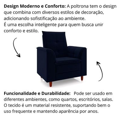 Poltrona Para Sala Confortável Decorativa Isa Veludo Azul Marinho