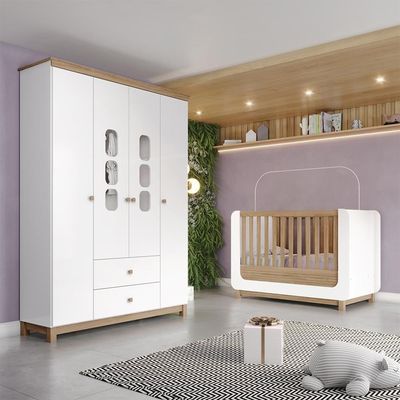 Jogo De Quarto Infantil Aconchego Com Guarda Roupa E Berço Branco/jequitibá - Móveis Henn Branco/jequitibá