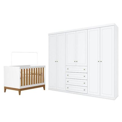 Berço Americano Flip Branco Acetinado Savana Reller E Guarda Roupa Casal Americano 6 Portas Branco Hp - Henn