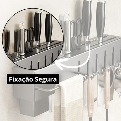 Suporte Organizador Cozinha Parede Aço Inox 6 Ganchos Porta Facas Utensílios Cinza