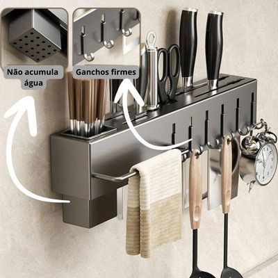 Suporte Organizador Cozinha Parede Aço Inox 6 Ganchos Porta Facas Utensílios Cinza