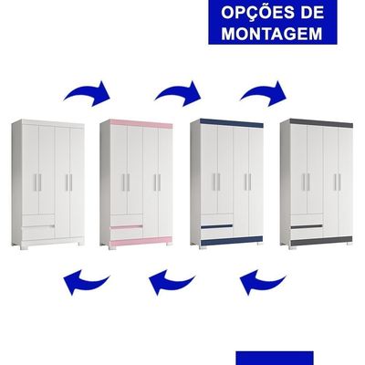 Guarda Roupa Solteiro Olímpia 4 Portas 2 Gavetas Quadriflex Branco-rosa - Móveis Albatroz Branco-rosa