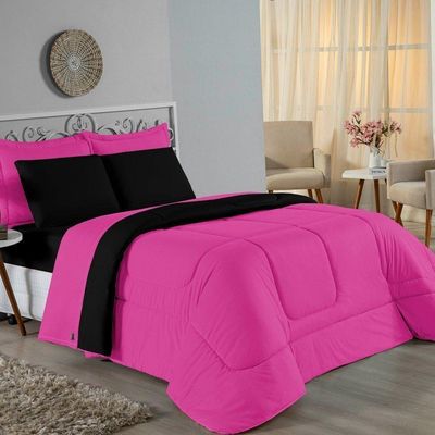 Kit Edredom Dupla Face + Jogo De Lençol Queen Nobre 6 Peças Malha 100% Algodão - Pink / Preto