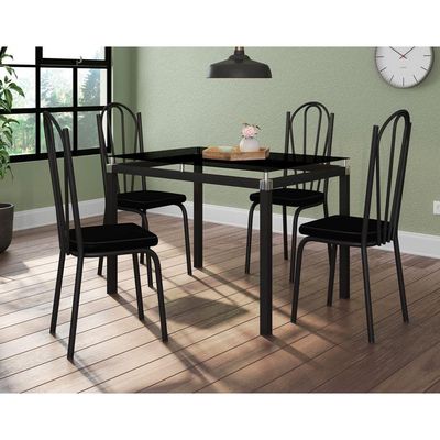 Conjunto Mesa de Jantar Malva 4118 4 Lugares Vidro Preto 107CM