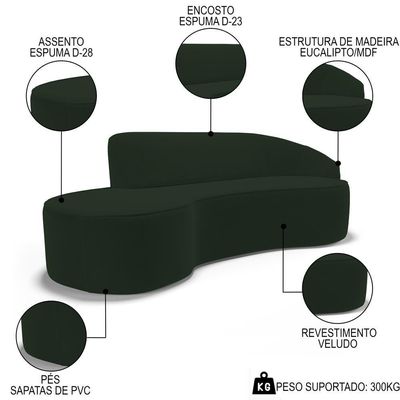Sofá Living 3 Lugares 260cm Braço Direito Mozart D06 Veludo Verde - Mpozenato
