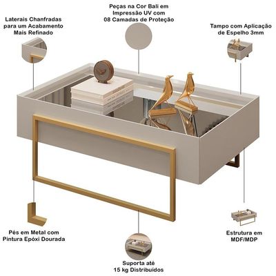 Mesa De Centro Espelhada Para Sala De Estar Pés Industrial Malika D05 Bali - Lyam Decor
