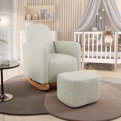 Poltrona De Amamentação Com Balanço E Puff Orgânico Saori W01 Linho Cru - Lyam Decor
