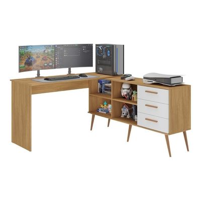 Escrivaninha Gamer Em L Para Computador 3 Gavetas Nexus Multimóveis Mp4781 Madeirado/branco