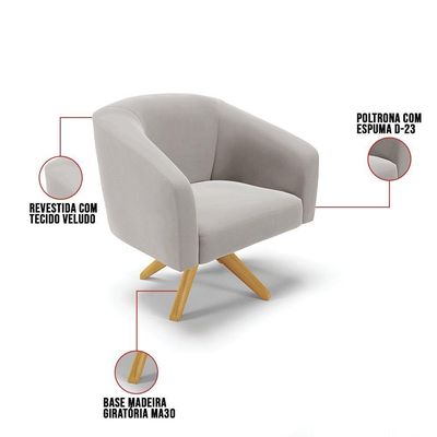 Kit 1 Namoradeira E 2 Poltronas Base Madeira Cinza