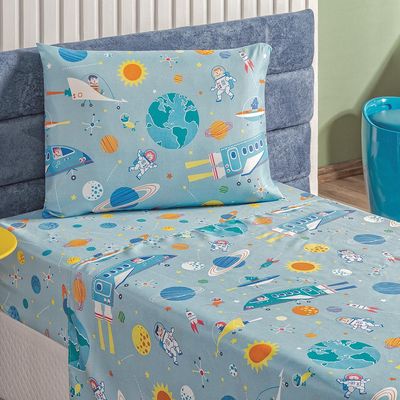 Jogo de Cama Lençol Carrosel Solteiro 03 Peças Infantil Estampado Divertido - Astronauta Azul