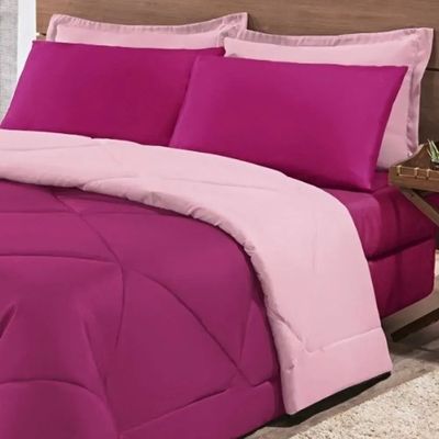 Kit Edredom + Jogo De Lençol Aconchego Look House Dupla Face Casal King 06 Peças - Pink E Rosa