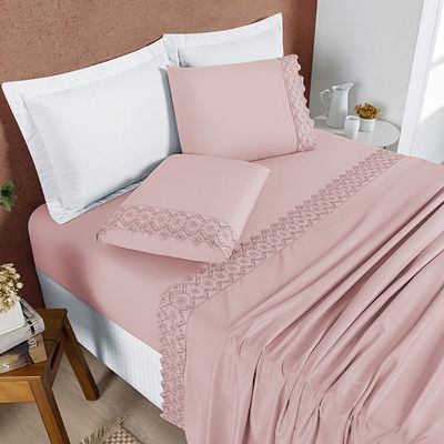 Jogo Cama Lençol Bouclê Queen Micro Percal 200 Fios c/ Laise Bordada 4 Peças - Sal Rosa