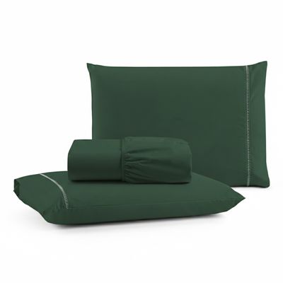 Jogo de Lençol King Premium Soft 600 Fios Micropercal Verde Escuro Ponto Palito Toque Macio 3 Peças