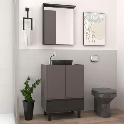 Gabinete para Banheiro Jessé de Chão MDF 60 cm Preto com Tampo e Cuba