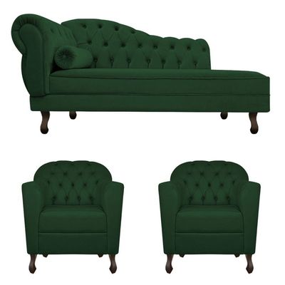 Kit Diva Recamier Diana 185Cm Lado Direito E 02 Poltronas Julia Suede - Doce Sonho Móveis Verde