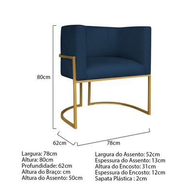 Kit Divã Luna 140cm Lado Esquerdo E 01 Poltrona Base De Ferro Dourado Suede Cor Azul Marinho