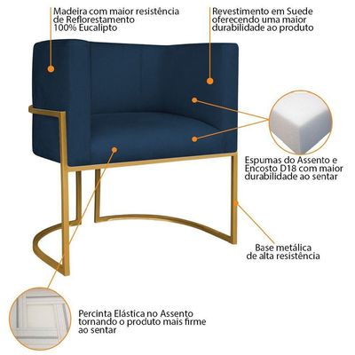 Kit Divã Luna 140cm Lado Esquerdo E 01 Poltrona Base De Ferro Dourado Suede Cor Azul Marinho