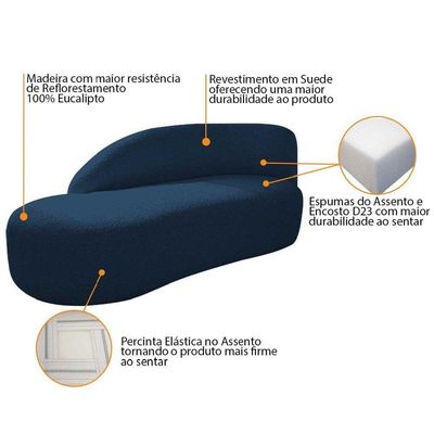 Kit Divã Luna 140cm Lado Esquerdo E 01 Poltrona Base De Ferro Dourado Suede Cor Azul Marinho