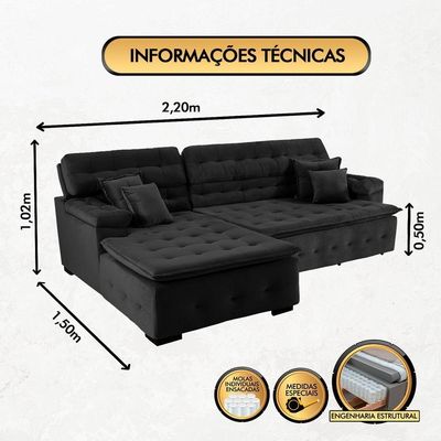 Sofá Retrátil E Reclinável Com Chaise Orlando 2.20x1.50m - Sofisticato-preto