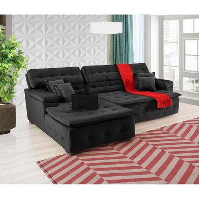 Sofá Retrátil E Reclinável Com Chaise Orlando 2.20x1.50m - Sofisticato-preto