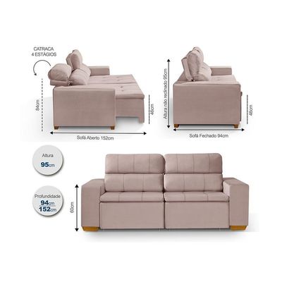 Sofá 3 Lugares 195cm Com Molas, Retrátil E Reclinável Rose