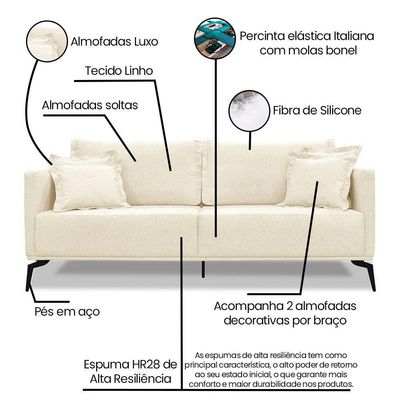 Sofá Living 2 Lugares 1,80M Sirius Linho Bege Pés Metálicos