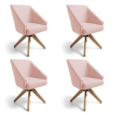 Kit 4 Poltronas Giratórias Alana Suede Rosa Bebê Base De Madeira - Pallazio
