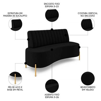 Sofá 2 Lugares 135cm Pés Aço Dourado Tamar Veludo Preto Z08 - Mpozenato