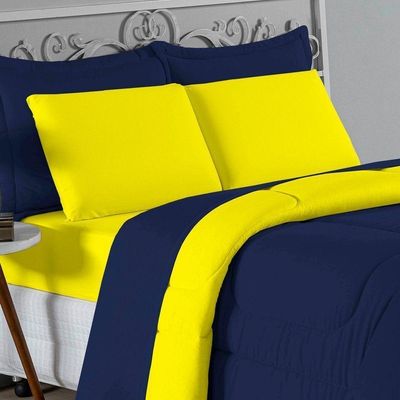 Edredom Solteiro Nobre 1 Peça Dupla Face 1,60m X 2,40m Malha 100% Algodão - Azul-marinho / Amarelo