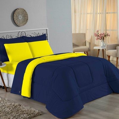 Edredom Solteiro Nobre 1 Peça Dupla Face 1,60m X 2,40m Malha 100% Algodão - Azul-marinho / Amarelo