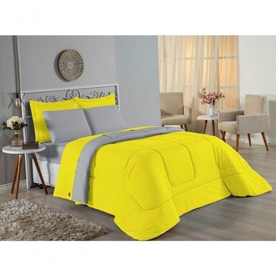 Edredom Solteiro Nobre 1 Peça Dupla Face 1,60m X 2,40m Malha 100% Algodão - Amarelo / Cinza
