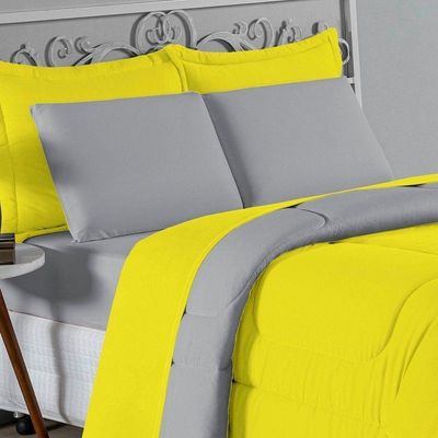 Edredom Solteiro Nobre 1 Peça Dupla Face 1,60m X 2,40m Malha 100% Algodão - Amarelo / Cinza