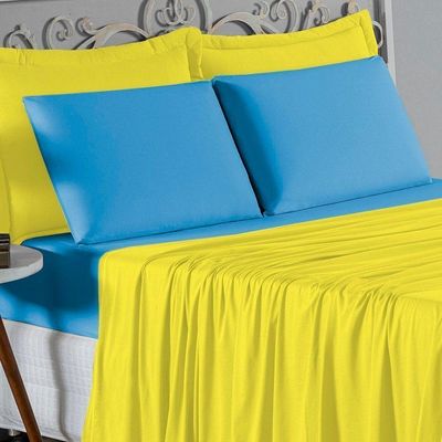 Jogo De Cama Casal Nobre 4 Peças Lençol Com Elástico De 30cm De Altura Malha 100% Algodão - Amarelo / Turquesa