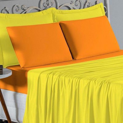 Jogo De Cama Casal Nobre 4 Peças Lençol Com Elástico De 30cm De Altura Malha 100% Algodão - Amarelo / Laranja