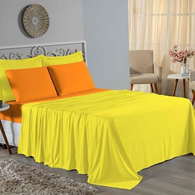 Jogo De Cama Casal Nobre 4 Peças Lençol Com Elástico De 30cm De Altura Malha 100% Algodão - Amarelo / Laranja