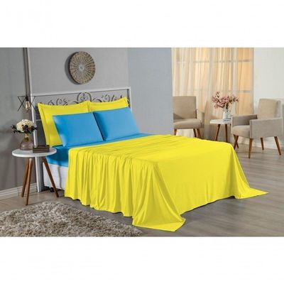 Jogo De Cama Casal Nobre 4 Peças Lençol Com Elástico De 30cm De Altura Malha 100% Algodão - Amarelo / Turquesa