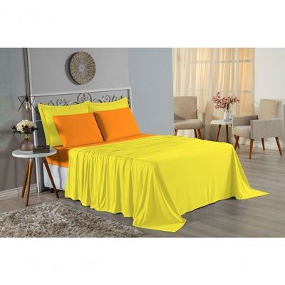 Jogo De Cama Casal Nobre 4 Peças Lençol Com Elástico De 30cm De Altura Malha 100% Algodão - Amarelo / Laranja